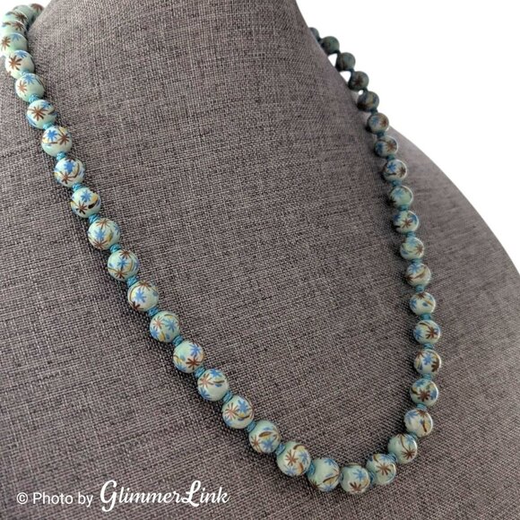 Vintage Chinese Export Hand Painted Knotted Blue Round Porcelain Bead Necklace - Picture 5 of 10